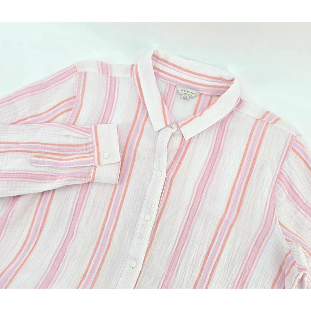 Lucky Brand Boho Longsleeve Shirt Striped Gauze Size Large Womens Pink Orange
